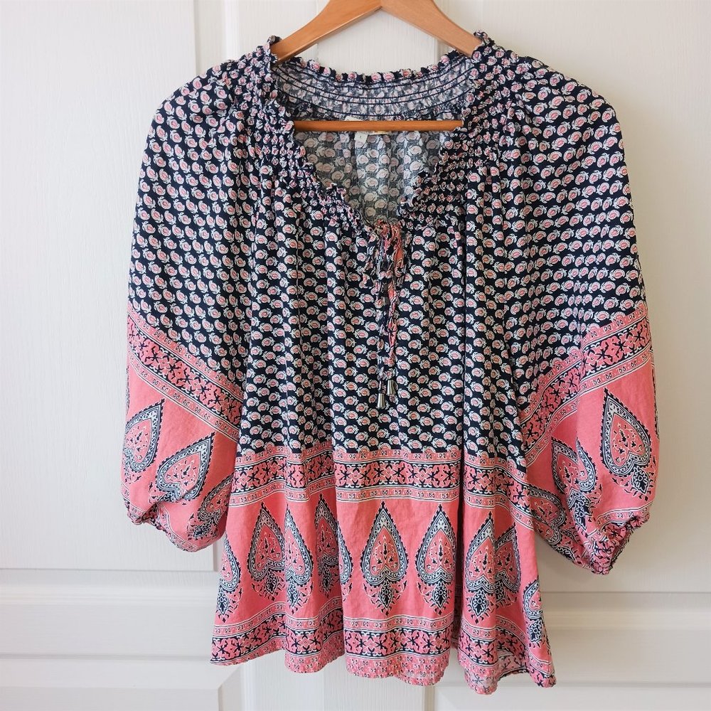 C&C California Women's Linen Blend Peasant Smocked Paisley Pink/Blue Top Size L